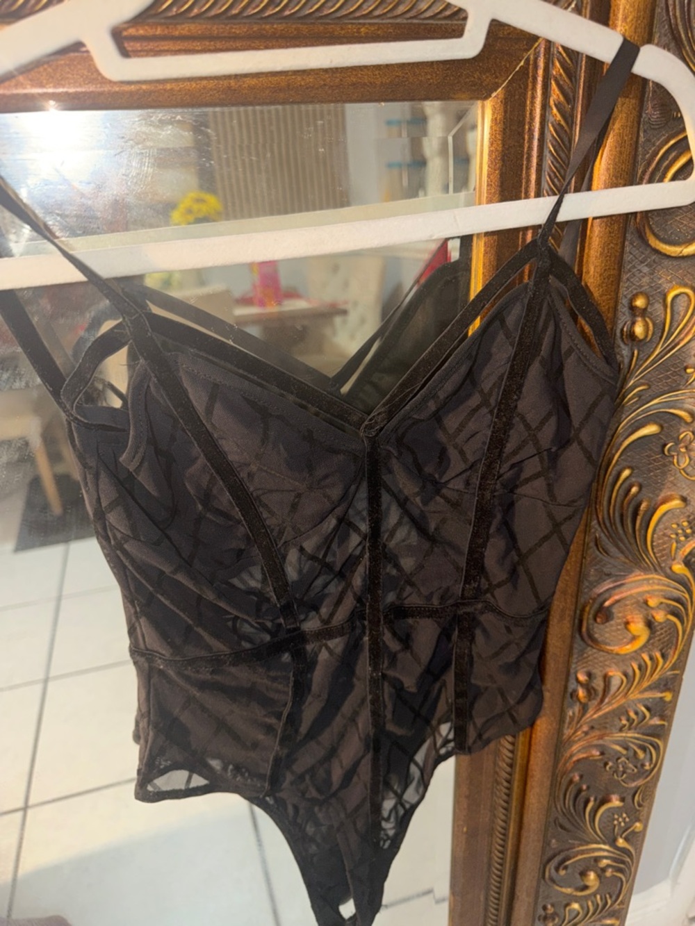 Black Sheer Lattice-Panel Strappy Bodysuit